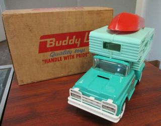 Vintage Buddy L Pressed Steel Truck Camper,  Boat And Box