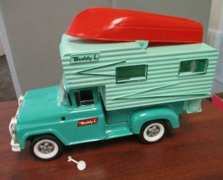 VINTAGE BUDDY L PRESSED STEEL TRUCK CAMPER,  BOAT AND BOX 5