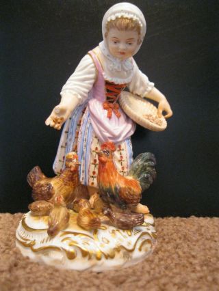 Meissen Porcelain Antique Figurine Of Girl Feeding Chickens