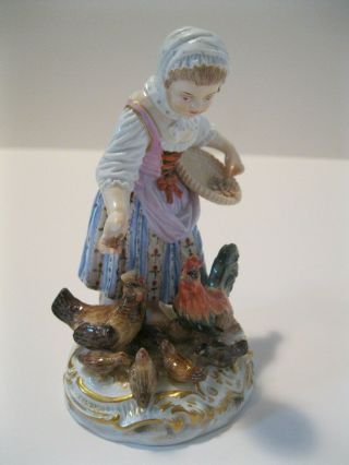 MEISSEN PORCELAIN ANTIQUE FIGURINE OF GIRL FEEDING CHICKENS 2