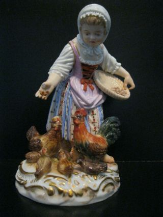 MEISSEN PORCELAIN ANTIQUE FIGURINE OF GIRL FEEDING CHICKENS 9