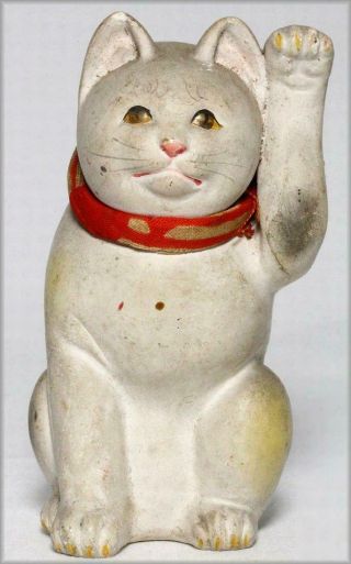 Smn27 Japanese Antique Pottery Small Beckoning Cat Maneki Neko Ornament Seto