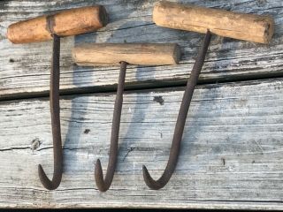 3 Assorted Size Antique Iron & Wood Farm Hay Bail Hooks