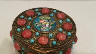 Antique French Jeweled Footed Box / Compact W/ Mirror