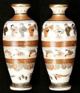 Antique Japanese Meiji Period Satsuma Vase Boys Children Earthenware Pottery Old 3