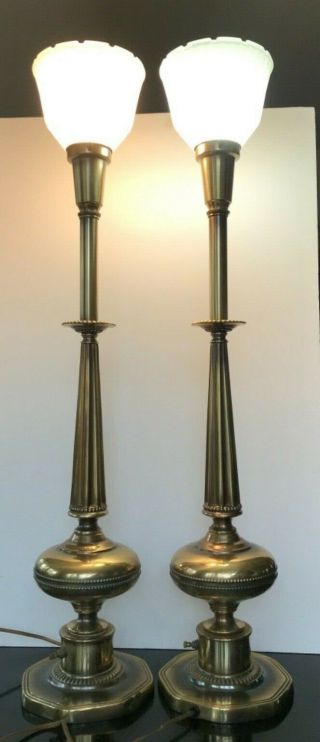 Antique Pair Brass Torchiere Table Lamps 33 " Tall Octagon Base