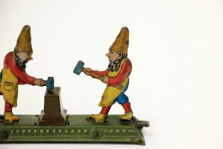 Vintage Meier Gesch Germany Gnomes Hammering Anvil Tin Penny Toy 3