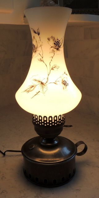 Early American Style Floral Glass Shade Lamp Key Turn Primitive Colonial 15 " H