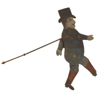 Antique Top Hat Man Tin Toy Jointed Puppet C.  1860s - Folk Art Old Paint - Aafa
