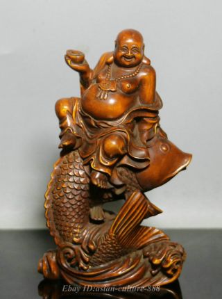 6 " China Wood Boxwood Carved Happy Laugh Maitreya Buddha Yuanbao On Fish Statue