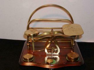 Antique Postal Scale English,  Mahogany & Brass,  W/orig.  3 Weights,  Letter Holder