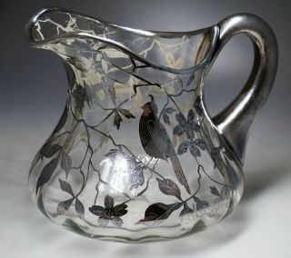 Sterling Silver Overlay Birds Branches Berries Glass Pitcher