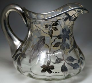 STERLING SILVER OVERLAY BIRDS BRANCHES BERRIES GLASS PITCHER 3