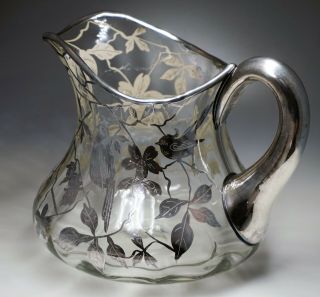 STERLING SILVER OVERLAY BIRDS BRANCHES BERRIES GLASS PITCHER 4