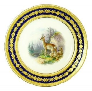 Hand Painted Antique Minton Deer Doe Cobalt & Gold Border Wall Plate