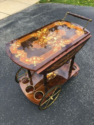 Antique Vintage 1960s Italian Inlaid Marquetry Wood Bar Tea Cart Regency Italy