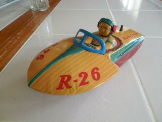 Japan Tin Speed Boat Rocky Stone R - 26,  Unusual,  Wind Up Tn 1950s,  Exc.  Cond.  Toy