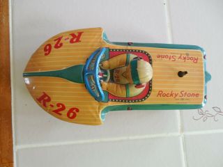 Japan Tin Speed Boat Rocky Stone R - 26,  UNUSUAL,  Wind Up TN 1950s,  Exc.  Cond.  Toy 2
