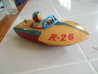 Japan Tin Speed Boat Rocky Stone R - 26,  UNUSUAL,  Wind Up TN 1950s,  Exc.  Cond.  Toy 3