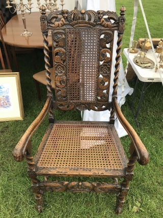 18th Century Carved Carolean Jacobean Arm Chair Crown Cherubs