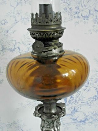 Rare Old French Antique Depose 54 Pewter Marble & Amber Glass Oil Lantern 1164 10