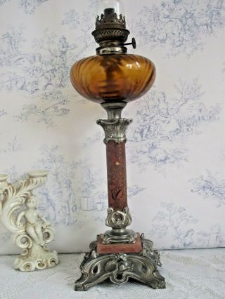 Rare Old French Antique Depose 54 Pewter Marble & Amber Glass Oil Lantern 1164 11