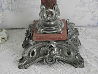 Rare Old French Antique Depose 54 Pewter Marble & Amber Glass Oil Lantern 1164 12