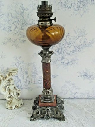Rare Old French Antique Depose 54 Pewter Marble & Amber Glass Oil Lantern 1164 2
