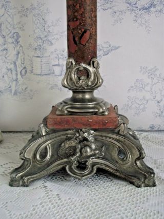 Rare Old French Antique Depose 54 Pewter Marble & Amber Glass Oil Lantern 1164 4