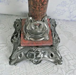 Rare Old French Antique Depose 54 Pewter Marble & Amber Glass Oil Lantern 1164 5