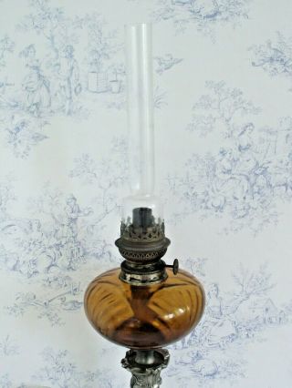Rare Old French Antique Depose 54 Pewter Marble & Amber Glass Oil Lantern 1164 6