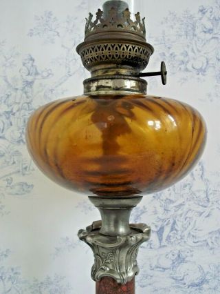 Rare Old French Antique Depose 54 Pewter Marble & Amber Glass Oil Lantern 1164 8