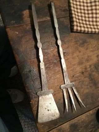 Revolutionary War 18th Century Forged Iron Outstanding Fireplace Fork & Spatula 3