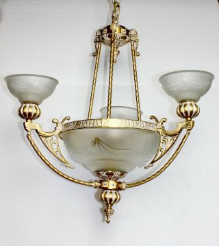 Stunning Vintage Art Deco Nouveau French Gold Gilt Glass Chandelier Light