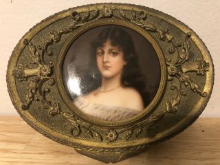 Antique French Bronze Gilt Gilded Trinket Box With Miniature Painting Signed