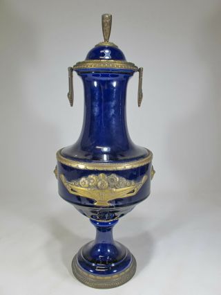 Antique French Blue Cobalt Porcelain & Bronze Urn 40007