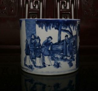 Old Rare Large Blue And White Chinese Porcelain Brush Pot Kangxi Mk H7”