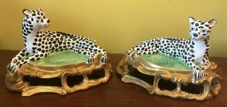 Chelsea House Spotted Leopard Cat Porcelain Mantle Figure Pair - Italy