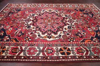 Vintage 7x10 Bakhtiari Geometric Oriental Area Rug Hand - Knotted RED Wool Carpet 7