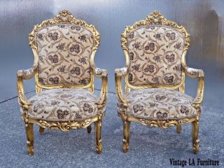 Pair Vintage French Rococo Louis Xvi Ornately Carved Gold Velvet Accent Chairs
