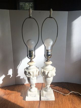 Pair Antique Vintage Marble Heavy Carved Alabaster Lamps White Gray 11