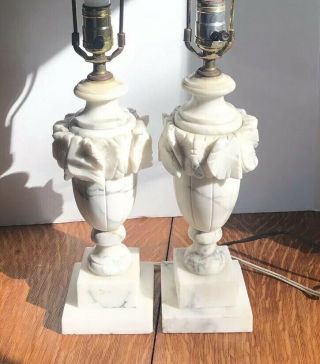 Pair Antique Vintage Marble Heavy Carved Alabaster Lamps White Gray