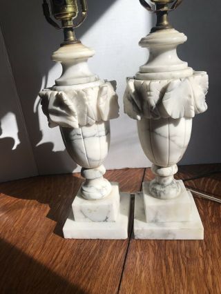 Pair Antique Vintage Marble Heavy Carved Alabaster Lamps White Gray 2