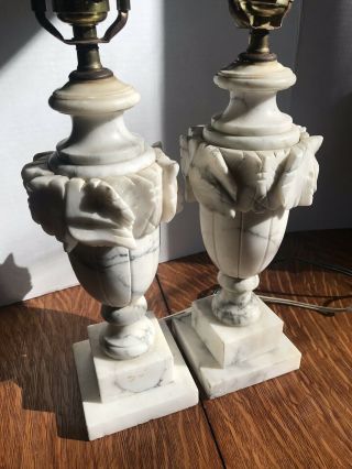 Pair Antique Vintage Marble Heavy Carved Alabaster Lamps White Gray 3