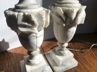 Pair Antique Vintage Marble Heavy Carved Alabaster Lamps White Gray 4