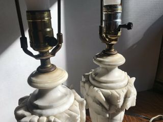 Pair Antique Vintage Marble Heavy Carved Alabaster Lamps White Gray 5