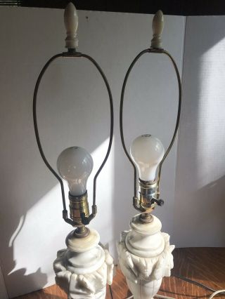 Pair Antique Vintage Marble Heavy Carved Alabaster Lamps White Gray 6