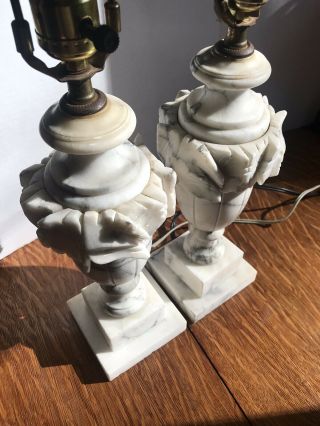 Pair Antique Vintage Marble Heavy Carved Alabaster Lamps White Gray 7