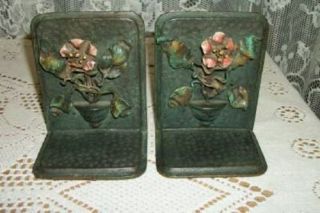 Antique Bronze French Tole Italian Bookends Hp Flower Basket Hammered Verde Rare