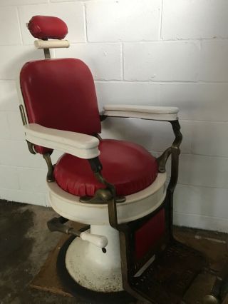 Vintage 1920s Emil J.  Paidar Barber Chair,  Red Reupholstered,  Hydraulic Lift Wor